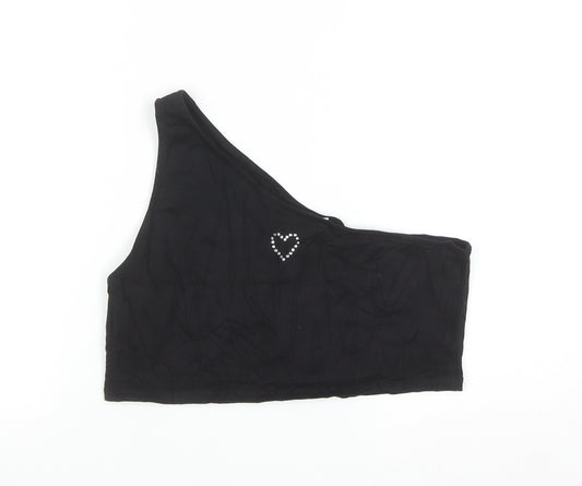 Monki Women’s Black One Shoulder Cropped Tank Top L Rhinestone Heart