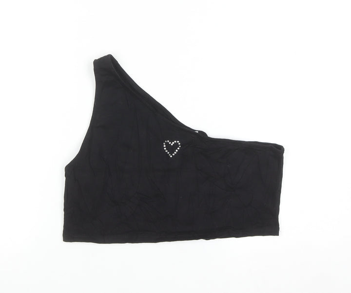 Monki Women’s Black One Shoulder Cropped Tank Top L Rhinestone Heart