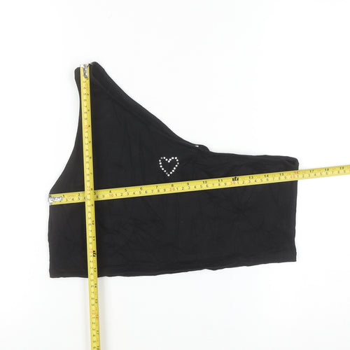 Monki Women’s Black One Shoulder Cropped Tank Top L Rhinestone Heart