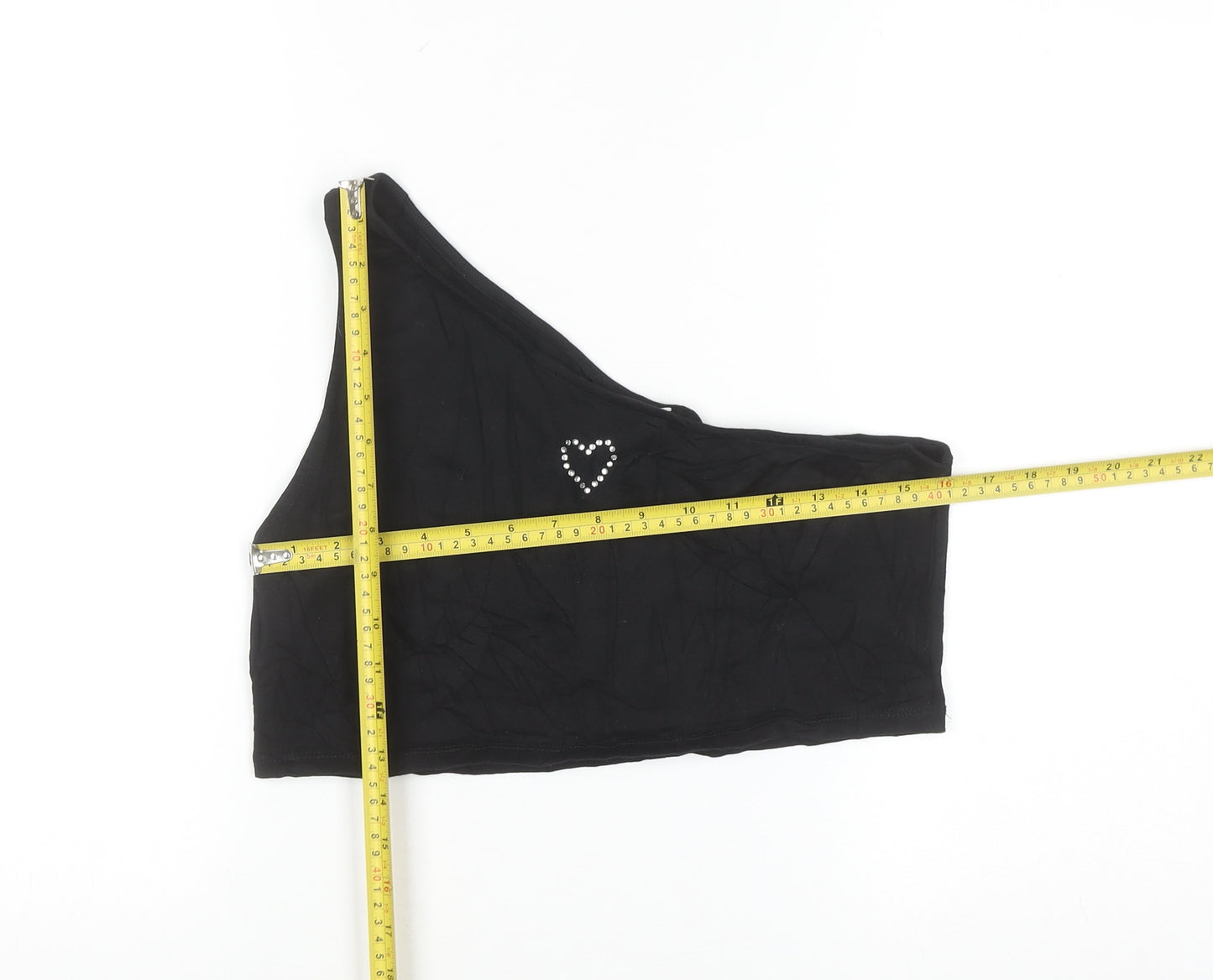 Monki Women’s Black One Shoulder Cropped Tank Top L Rhinestone Heart