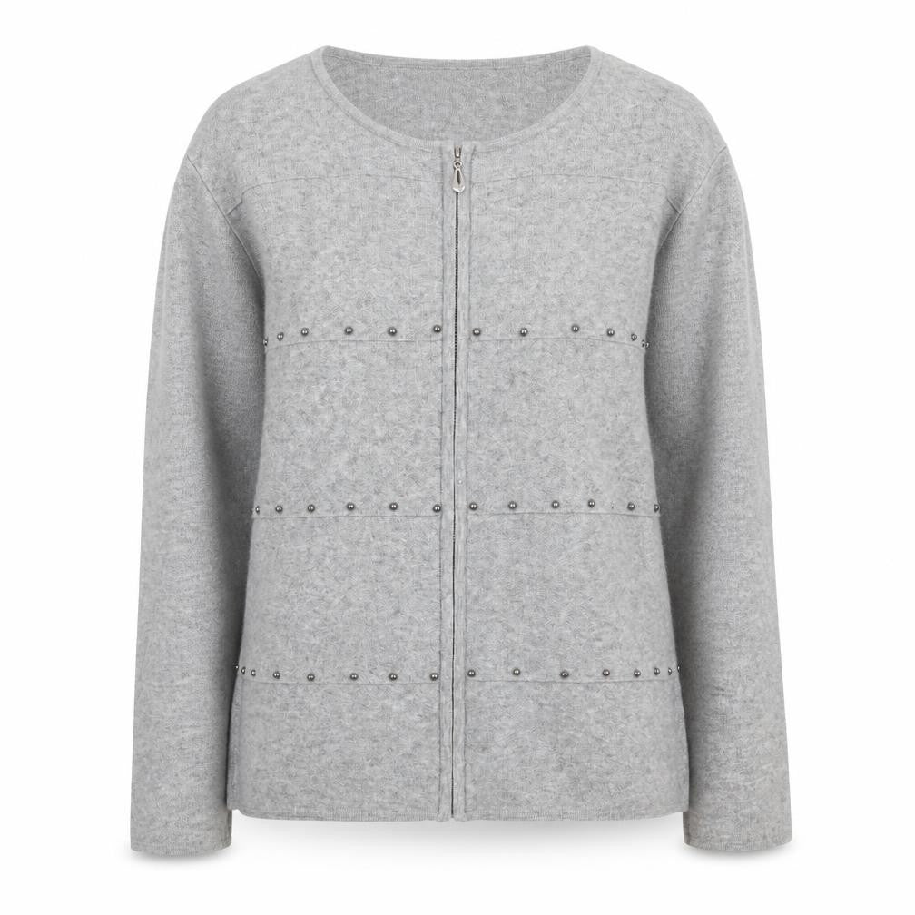 Front view of Mudflower Women's Grey Full Zip Studded Knit Jumper, size M