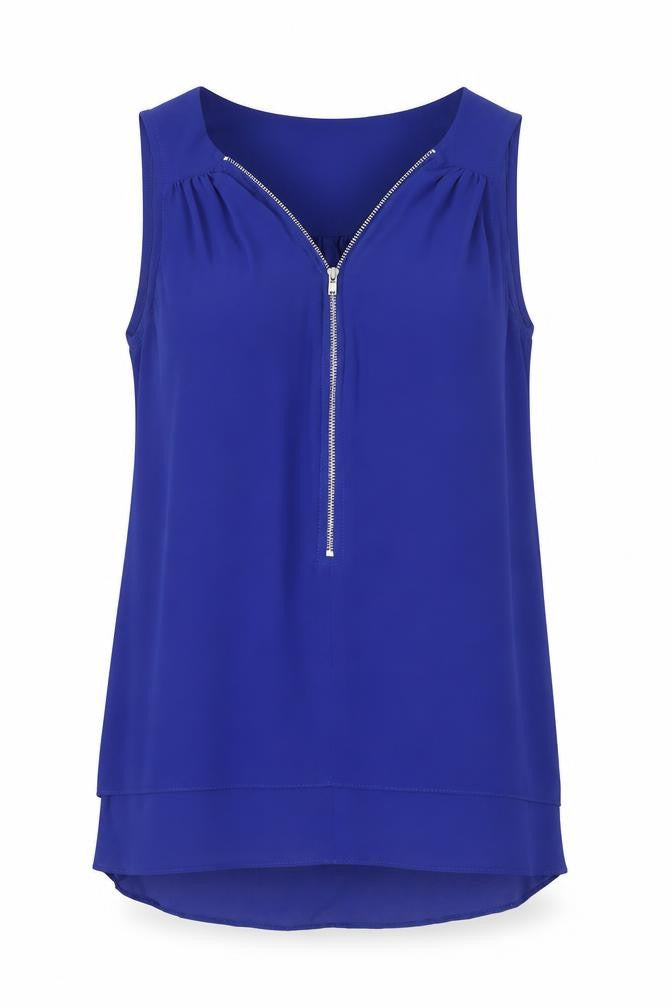 Front view of New Look Women’s Blue Sleeveless Zip Blouse, size UK 10