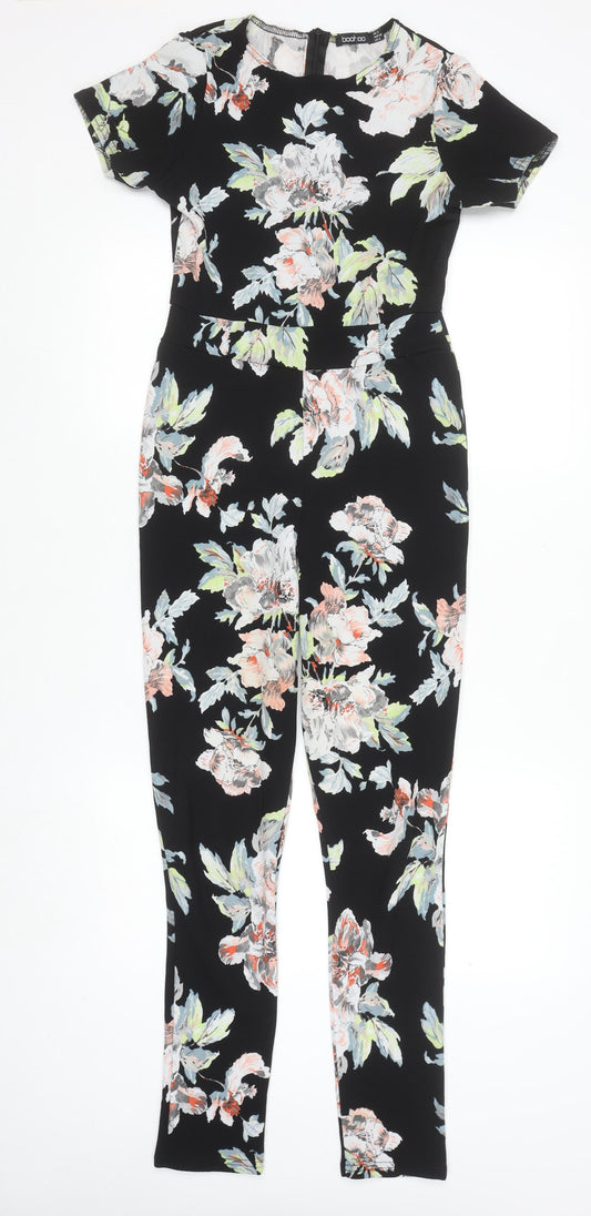 Boohoo Women’s Black Floral Print Short Sleeve Slim Jumpsuit Size 8