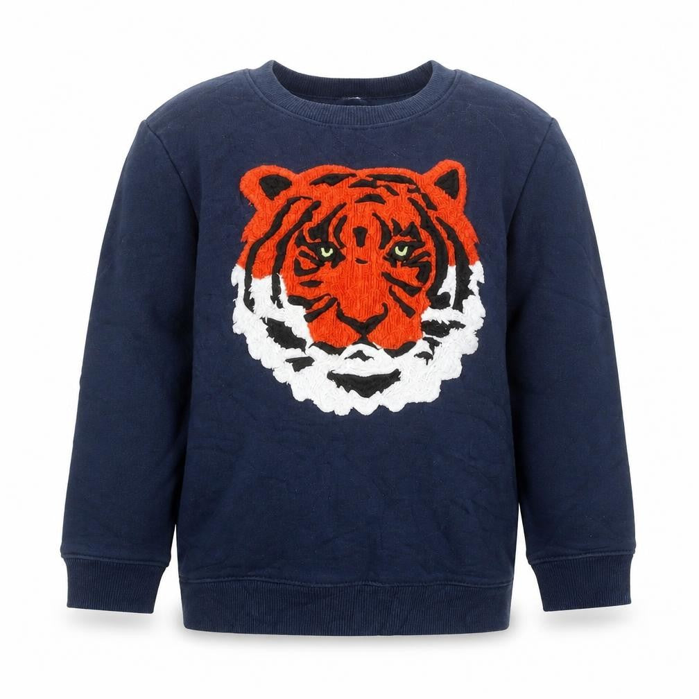 Front view of H&M boys’ blue tiger embroidered pullover sweatshirt 5-6 years