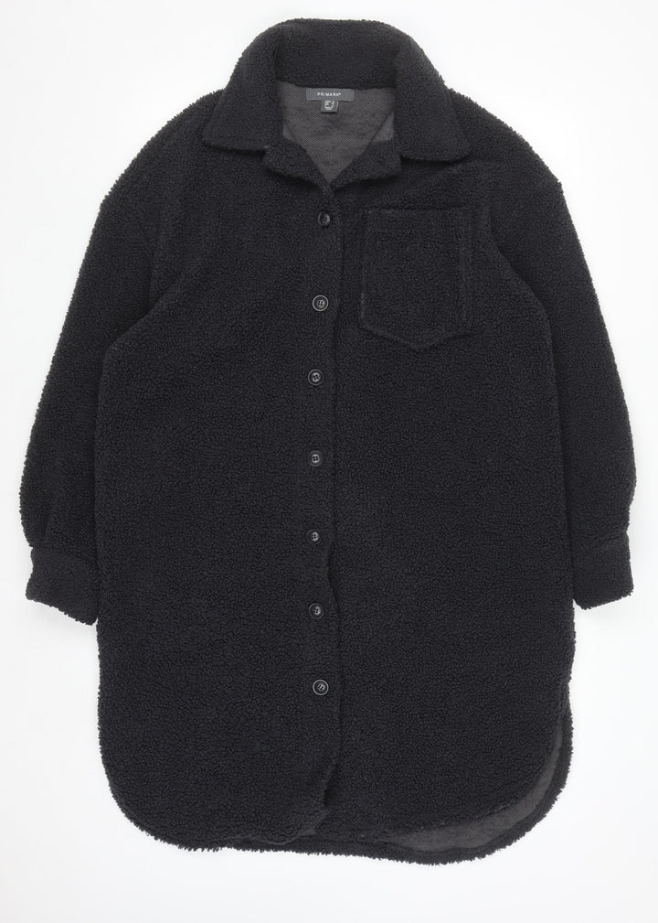 Primark Women's Black Long Fleece Coatigan Size 10 Button Front