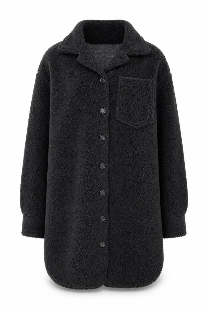 Front view of Primark Women's Black Long Fleece Coatigan, size 10, Button Front