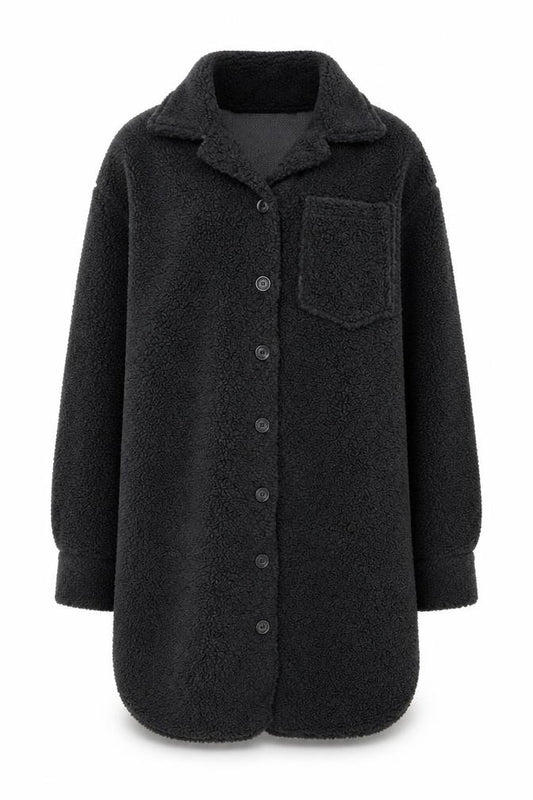Front view of Primark Women's Black Long Fleece Coatigan, size 10, Button Front