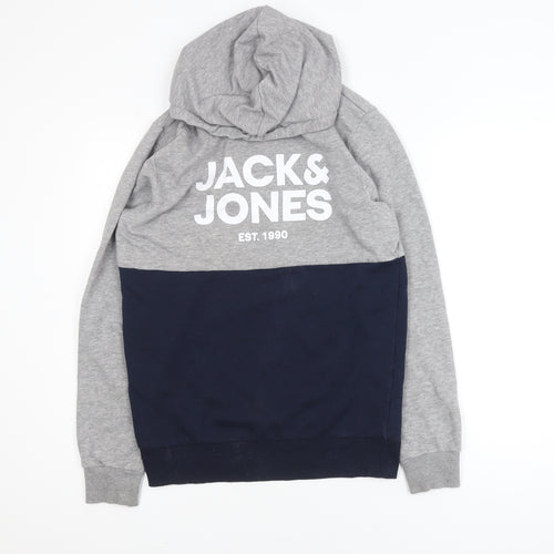 Jack & Jones Mens Grey Blue Pullover Hoodie Size M Logo Print