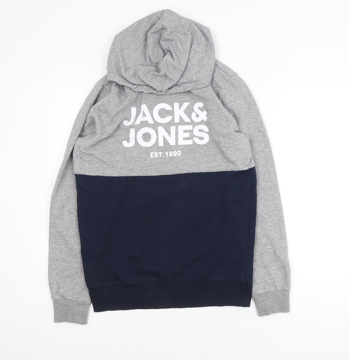 Jack & Jones Mens Grey Blue Pullover Hoodie Size M Logo Print