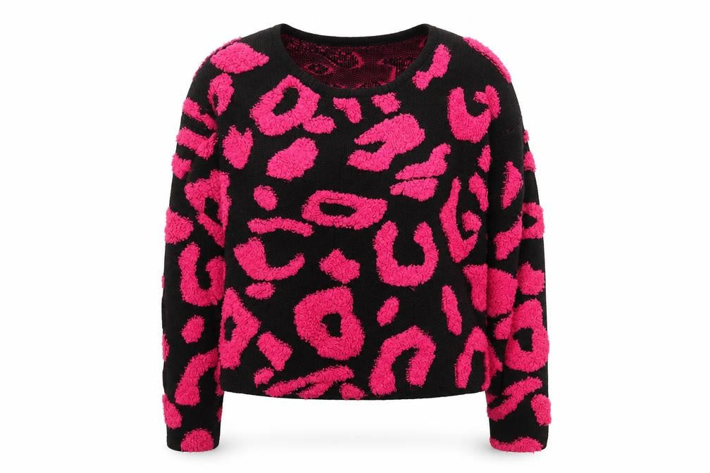 Front view of Bicalla Women’s Black Pink Leopard Knit Jumper, size S