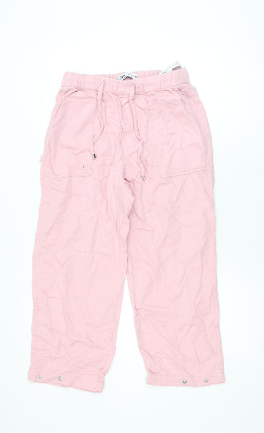 Zara Women Pink Cotton Cargo Trousers Size S Elastic Waist