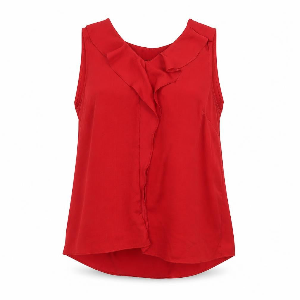 Front view of Dunnes Women's Red Sleeveless Ruffle Blouse, size L