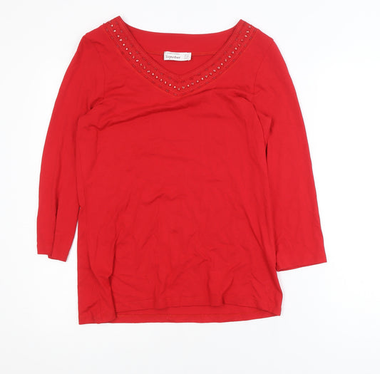 Dunnes Stores Signature Red Women’s Size 12 Beaded V-Neck 3/4 Sleeve Blouse