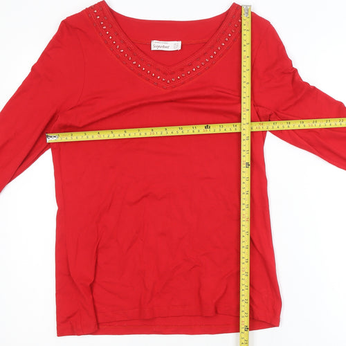 Dunnes Stores Signature Red Women’s Size 12 Beaded V-Neck 3/4 Sleeve Blouse