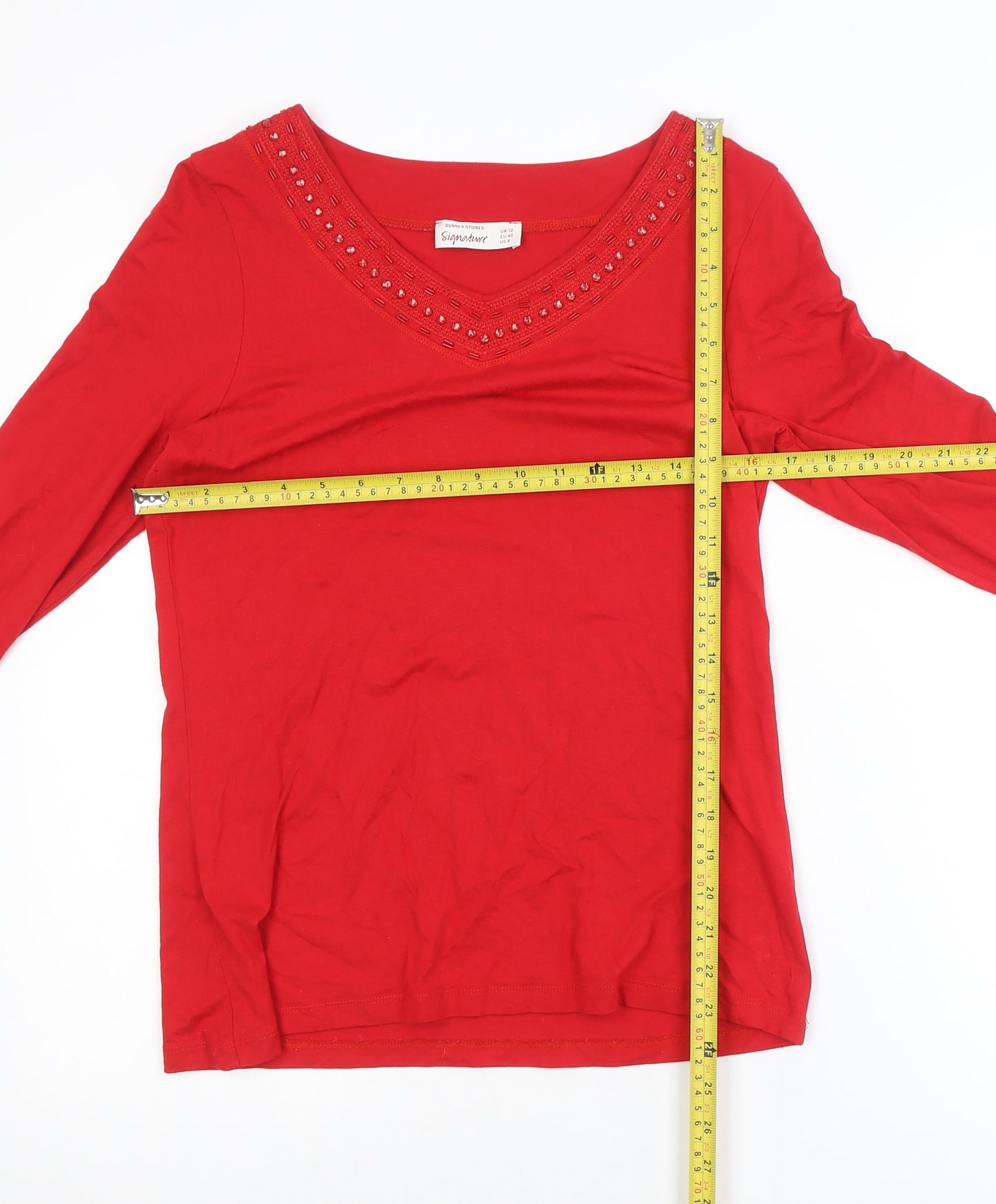 Dunnes Stores Signature Red Women’s Size 12 Beaded V-Neck 3/4 Sleeve Blouse