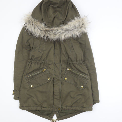 New Look Women’s Green Faux Fur Hooded Cotton Parka Coat Size 10