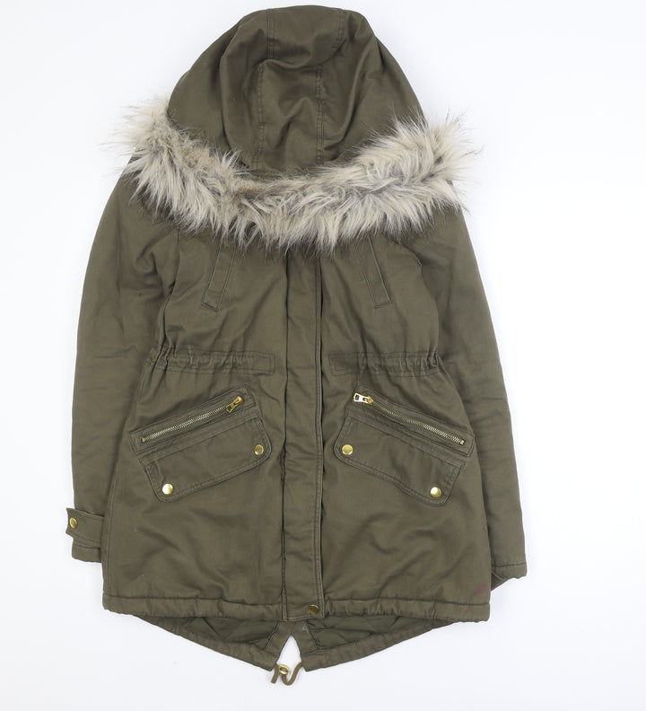 New Look Women’s Green Faux Fur Hooded Cotton Parka Coat Size 10
