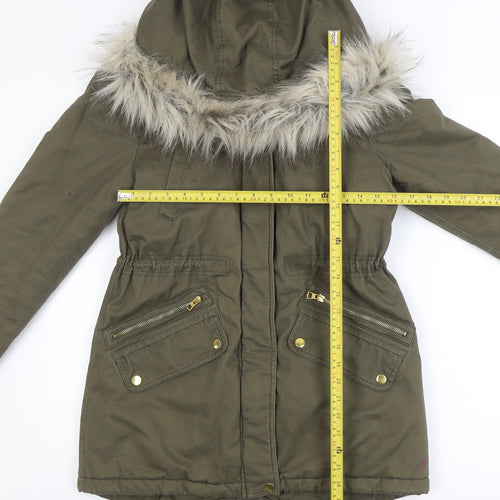 New Look Women’s Green Faux Fur Hooded Cotton Parka Coat Size 10