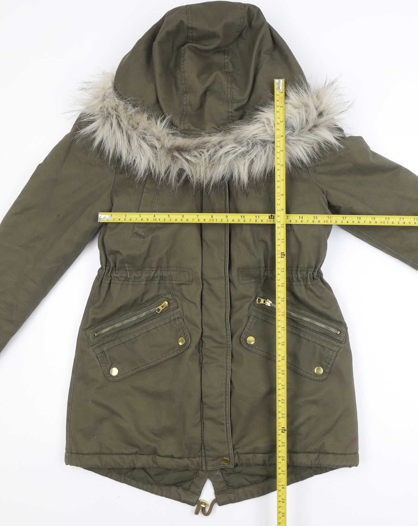 New Look Women’s Green Faux Fur Hooded Cotton Parka Coat Size 10