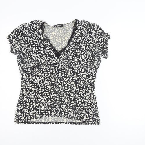 First Avenue Women’s Black Floral Wrap Style Short Sleeve Blouse Size 14