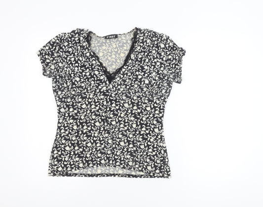 First Avenue Women’s Black Floral Wrap Style Short Sleeve Blouse Size 14