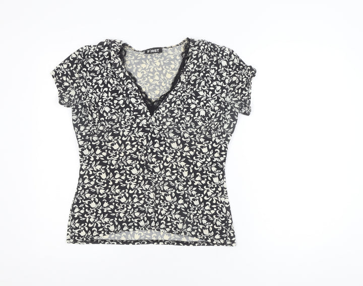 First Avenue Women’s Black Floral Wrap Style Short Sleeve Blouse Size 14