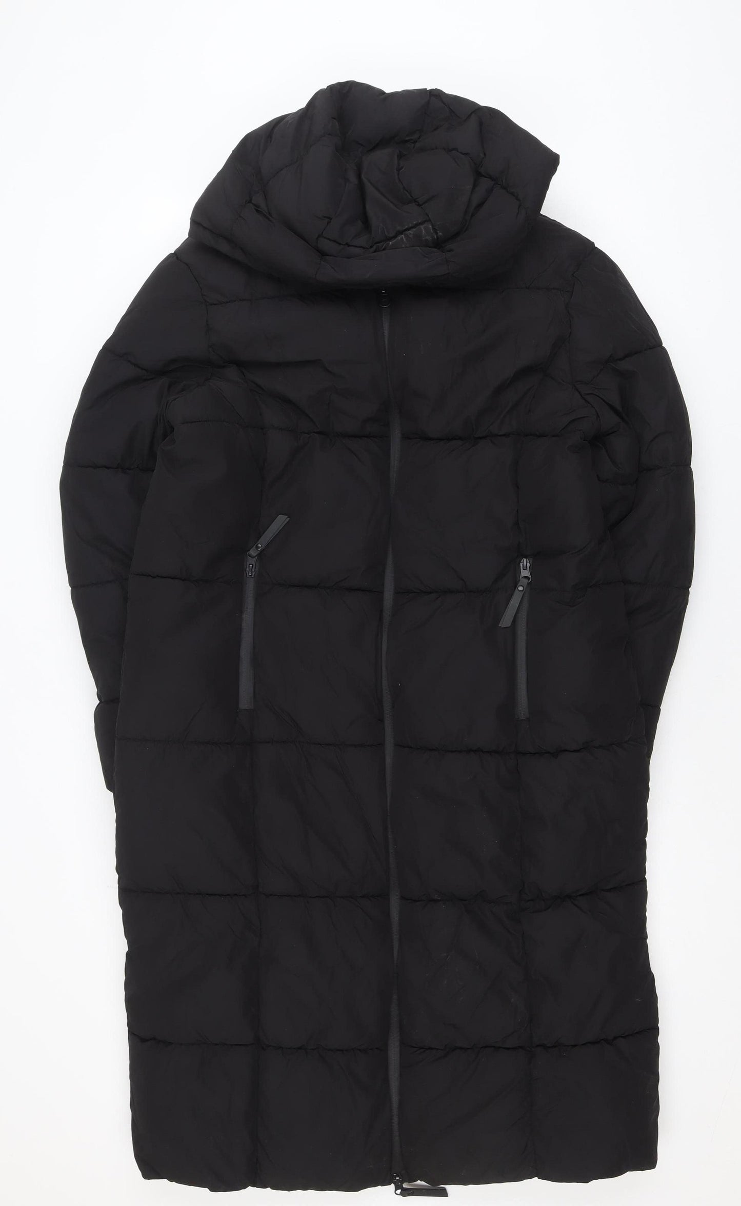 Primark Womens Black XS Long Puffer Coat Hooded Quilted Winter Jacket