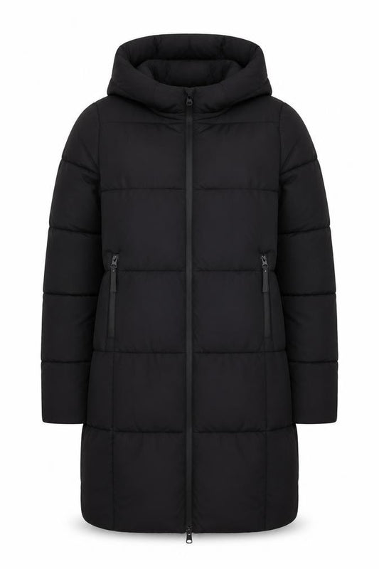 Front view of Primark women’s black xs long puffer coat hooded quilted winter jacket