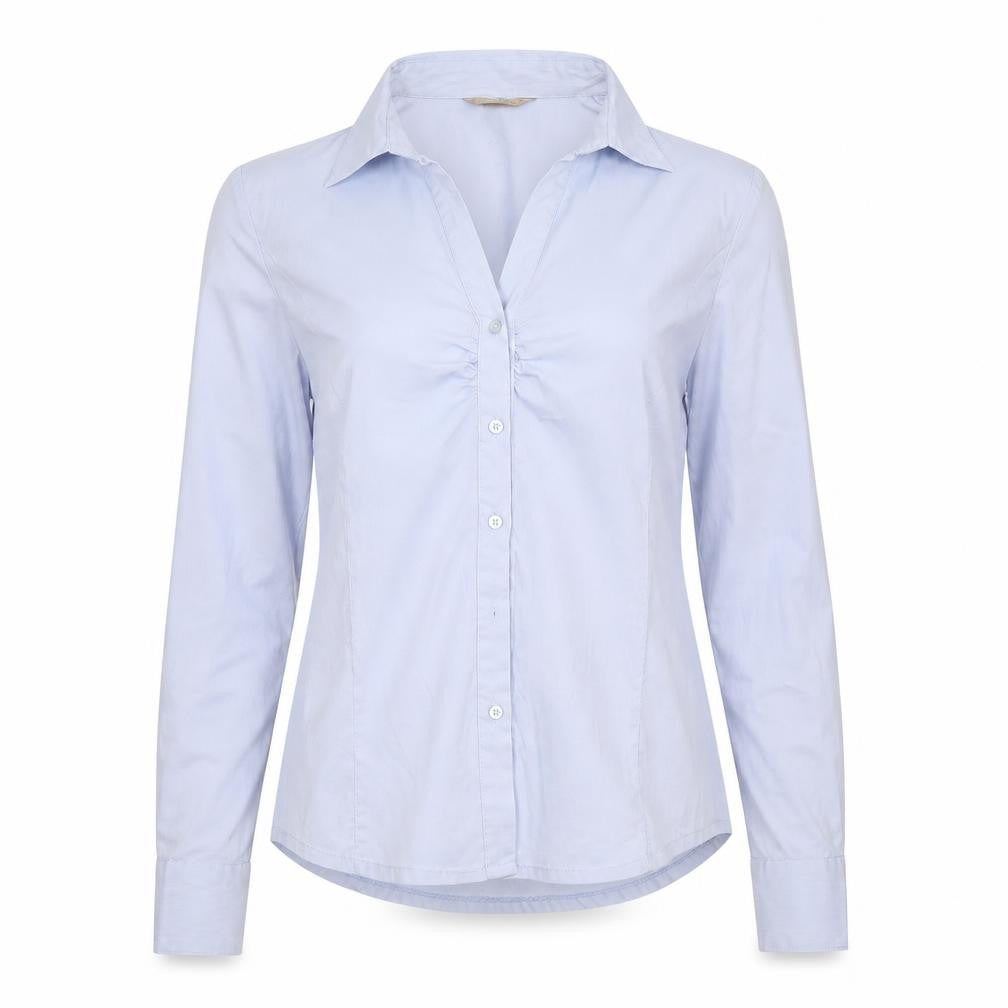 Front view of Melya Women Blue Striped Long Sleeve Button-Up Shirt M
