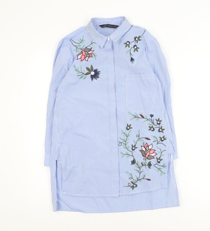 Zara Woman Blue Striped Embroidered Tunic Shirt Women’s Size 8