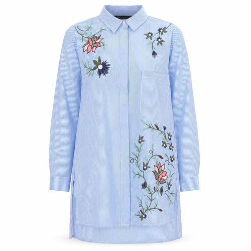Zara Woman Blue Striped Embroidered Tunic Shirt Women’s Size 8