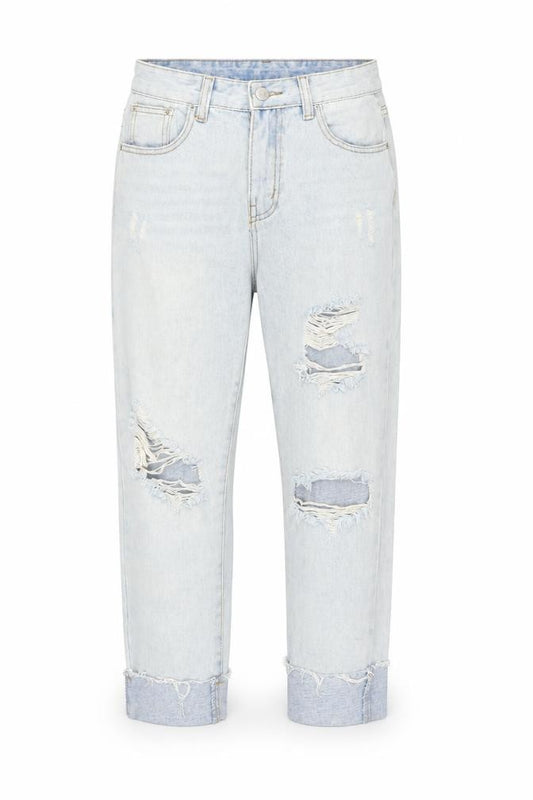 Front view of MOMOKROM women’s blue distressed boyfriend jeans, size UK 8