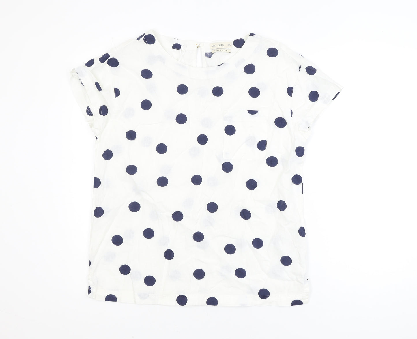 F&F Women’s White Polka Dot Linen Blend Short Sleeve Blouse Size 8