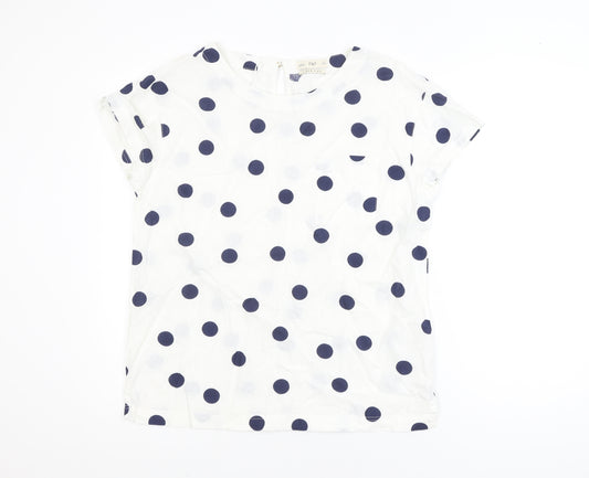 F&F Women’s White Polka Dot Linen Blend Short Sleeve Blouse Size 8