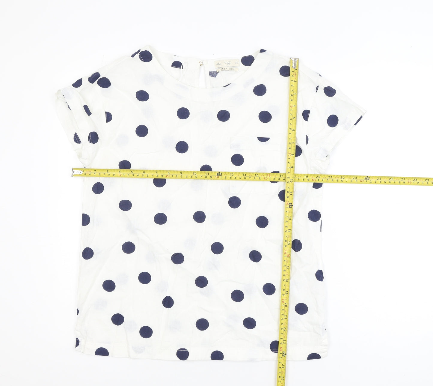 F&F Women’s White Polka Dot Linen Blend Short Sleeve Blouse Size 8