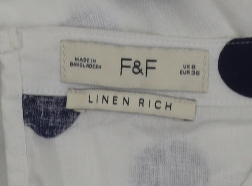 F&F Women’s White Polka Dot Linen Blend Short Sleeve Blouse Size 8