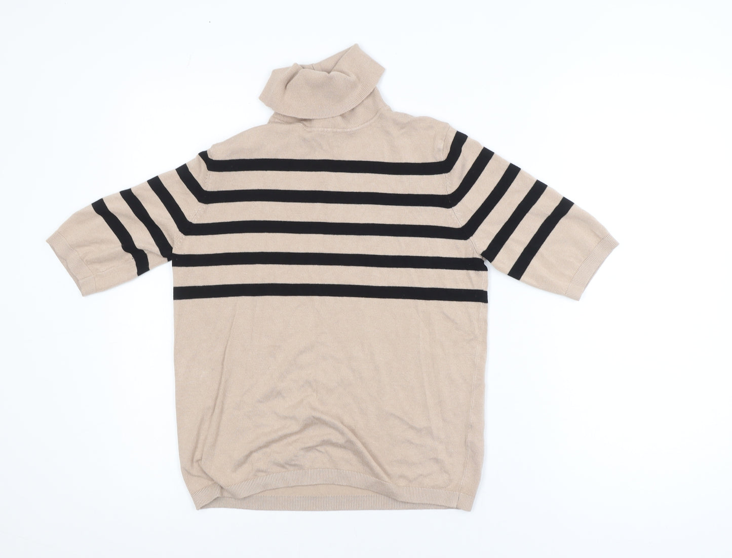 Dunnes Women Beige Striped Roll Neck Short Sleeve Jumper Size M