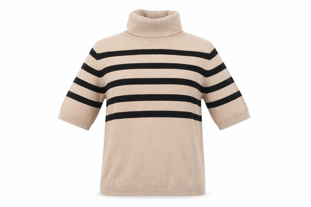Dunnes Women Beige Striped Roll Neck Short Sleeve Jumper Size M