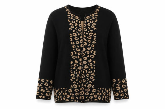 Front view of Punt Roma Women's Black Leopard Print Long Sleeve Cardigan, size L
