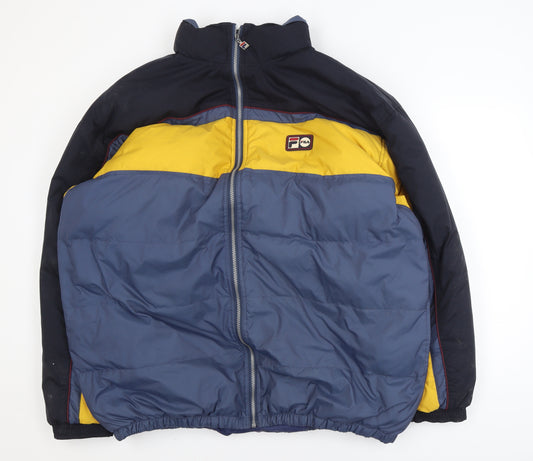 Fila Men's Blue Colourblock Puffer Jacket XL Retro Winter Coat