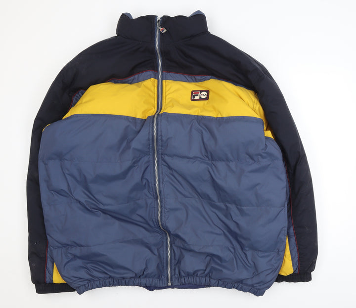 Fila Men's Blue Colourblock Puffer Jacket XL Retro Winter Coat