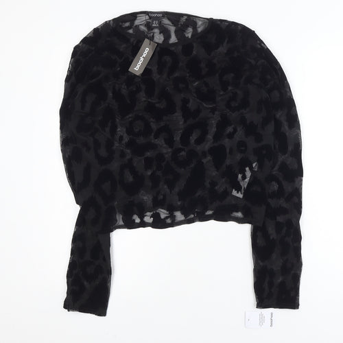 Boohoo Women's Black Animal Print Mesh Long Sleeve Cropped Blouse Size 22