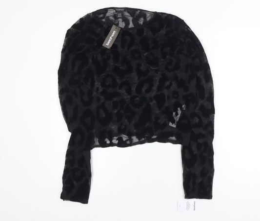 Boohoo Women's Black Animal Print Mesh Long Sleeve Cropped Blouse Size 22