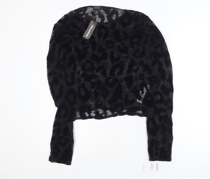 Boohoo Women's Black Animal Print Mesh Long Sleeve Cropped Blouse Size 22