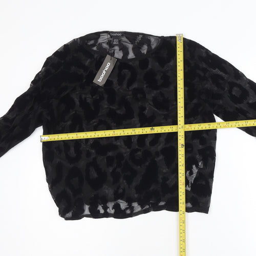 Boohoo Women's Black Animal Print Mesh Long Sleeve Cropped Blouse Size 22