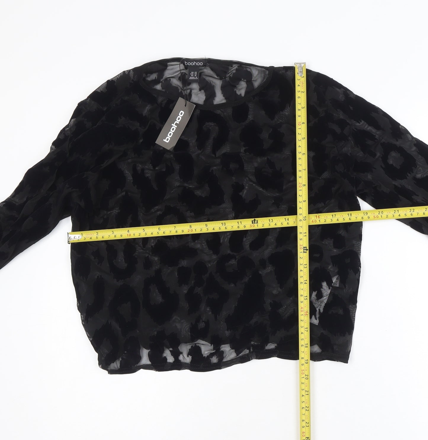 Boohoo Women's Black Animal Print Mesh Long Sleeve Cropped Blouse Size 22