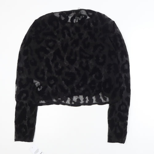 Boohoo Women's Black Animal Print Mesh Long Sleeve Cropped Blouse Size 22