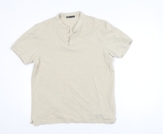 Zara Men's Beige Henley Short Sleeve T-Shirt Size L 100% Cotton