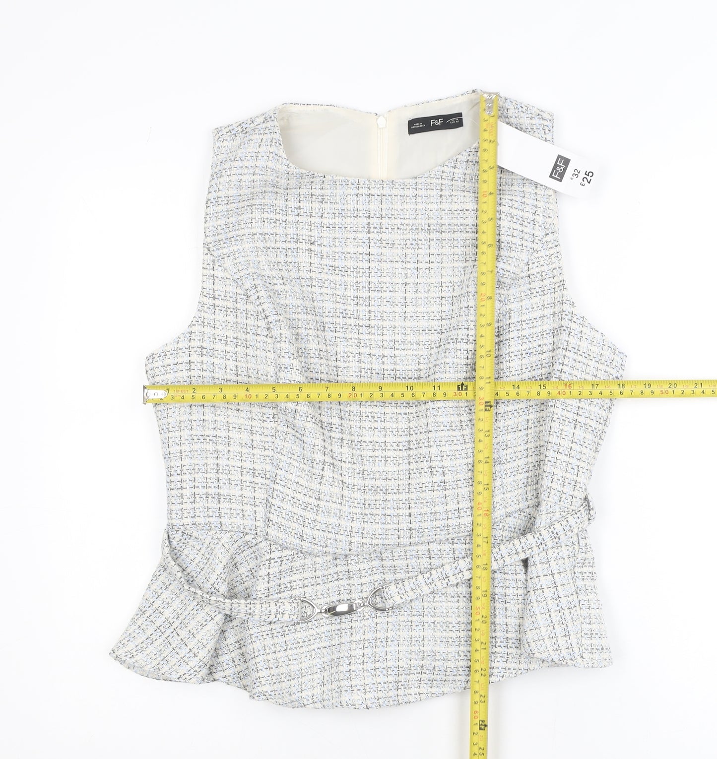 F&F Women’s Multicoloured Tweed Peplum Blouse UK 14 Sleeveless Classic