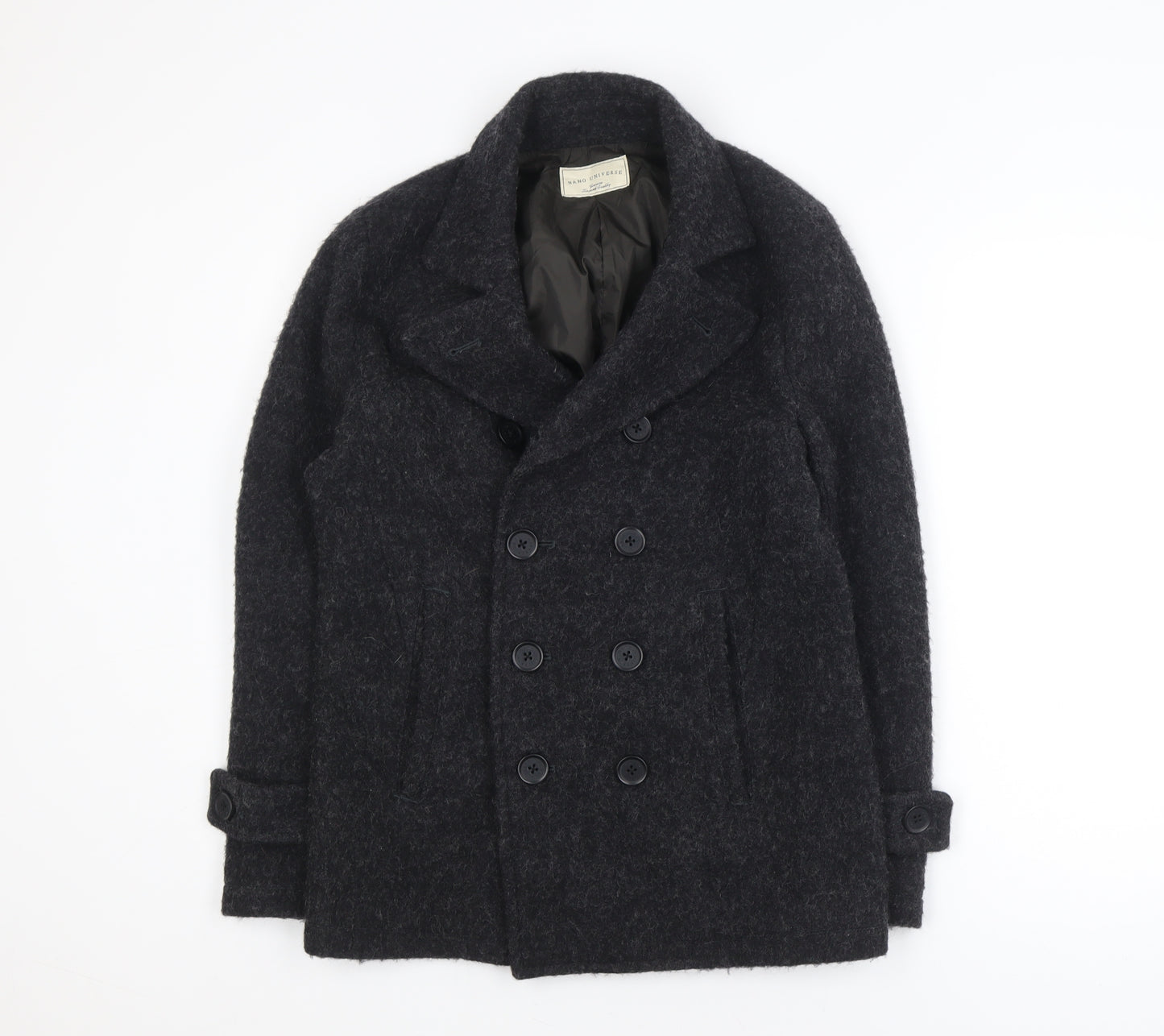 Nano Universe Men's Black Wool Blend Pea Coat Size S